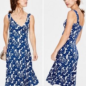 Boden Blue‎ White Leaf Print Surplice V-Neck Midi Dress Womens US 4R UK 8R